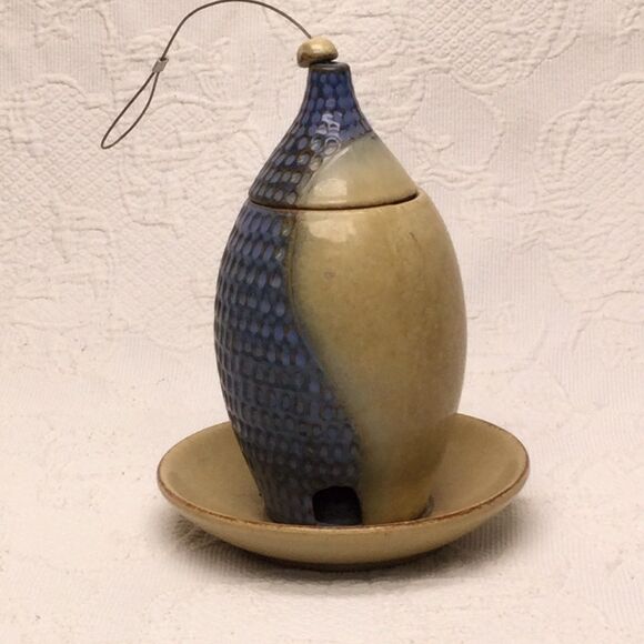 Vintage Handmade Hanging Ceramic Bird Feeder Artsy Garden Decor One Of A Kind